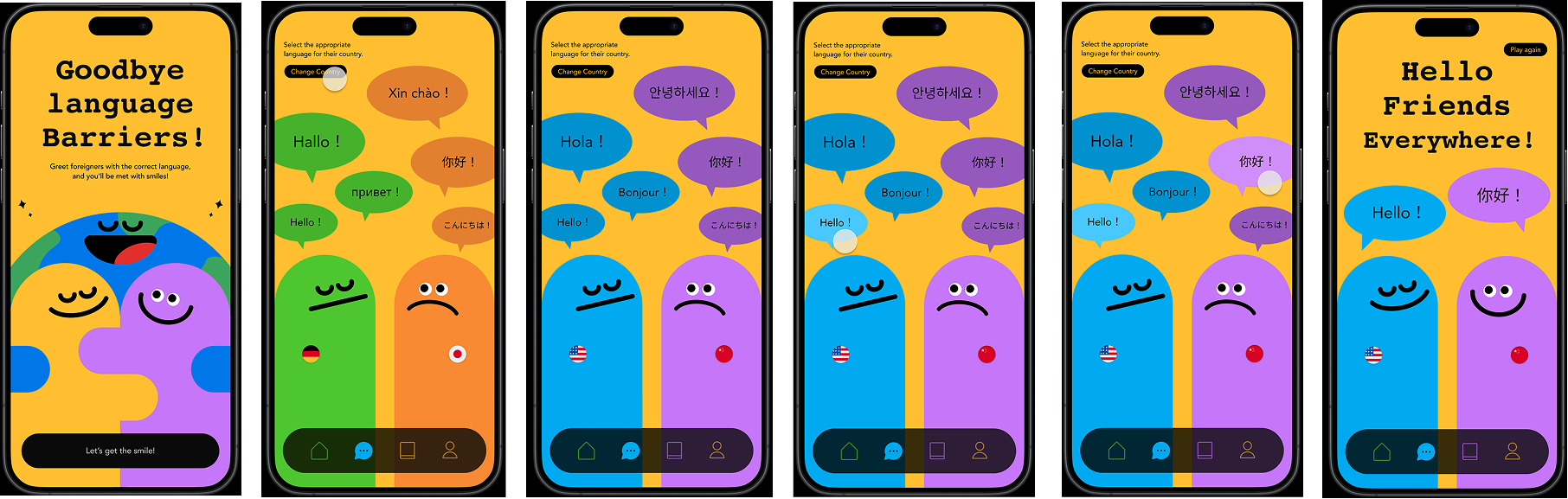 Final UI across the six-screen flow, from Goodbye Language Barriers to Hello Friends Everywhere